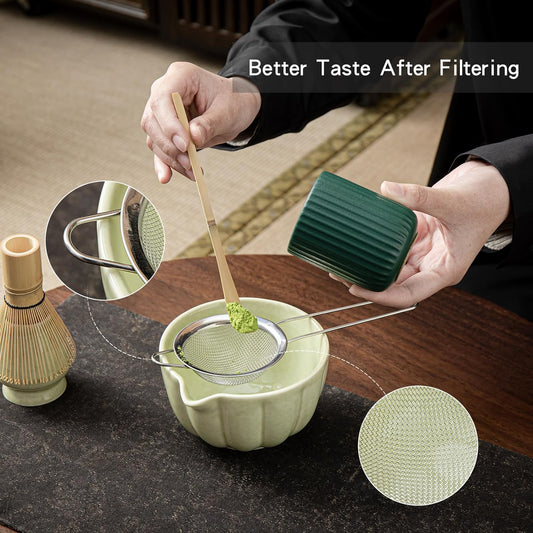 Matcha Whisk Set, Matcha Set Includes Ceramic Matcha Bowl, Bamboo Whisk, Scoop, Chasen Holder, Sifter, 5 Pcs Perfect Matcha Kit for Matcha Lover (Mottled Green)