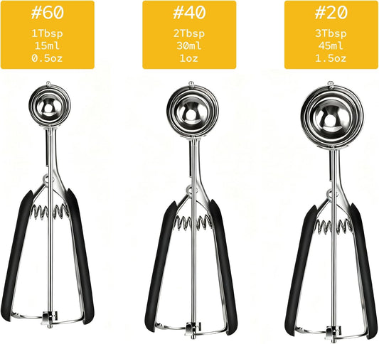 Cookie Scoop Set, Cookie Scoops for Baking Set of 3, Small/Medium/Large Cookie Dough Scoop, 1/2/3 Tbsp Cookie Scoop with Trigger, 18/8 Stainless Steel, Non-Slip