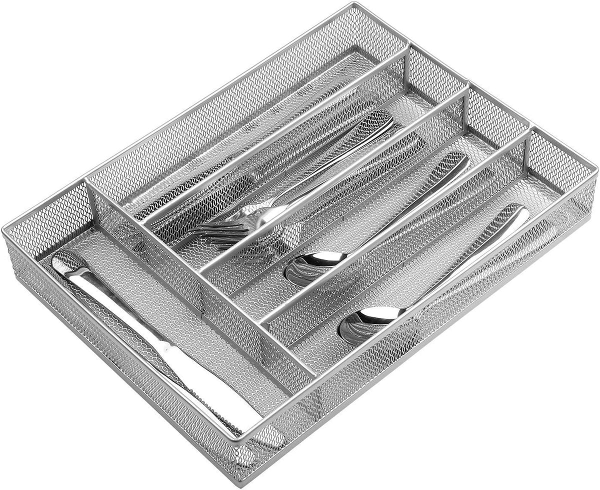 Utensil Drawer Organizer, Cutlery Tray Silverware Flatware Storage Divider for Kitchen, Mesh Wire with Non-slip Foam Feet, 5 Component, Black
