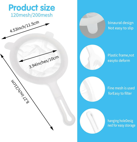2 Pcs Plastic Mesh Strainer Set Nylon Ultra Fine Mesh Strainer with Handle Juice Colander Yogurt Sieve Mini Brine Shrimp Separation Net for Juicing Soy Milk Honey Coffee Kitchen (120/200 Meshes)