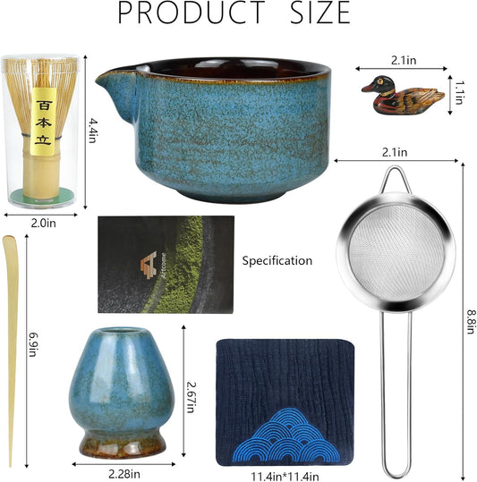 7 Pcs Complete Matcha Ceremony Kit for Tea Ceremony, Bowl with Pouring Spout, Whisk, Tea Scoop, Matcha Powder Strainer, Matcha Tea Set For Making Usucha, Koicha and Matcha Latte (Sapphire)