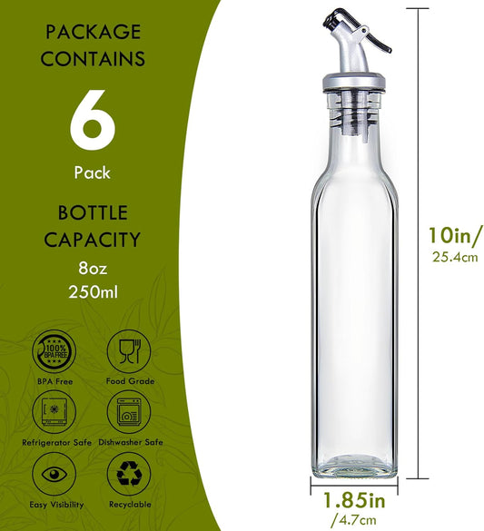 8 oz Glass Olive Oil Dispenser Bottles with Pourers, 6 Pack | 6 small glass oil bottles for kitchen use with pour spouts, funnel, labels and marker; suitable for vinegar and soy sauce