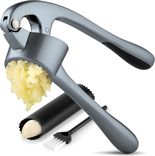 Large Premium Garlic Press Set - Bigger Bowl for Bigger Garlic - Rust Proof Garlic Mincer Tool - Easy-Squeeze, Easy-Clean Silicone Garlic Peeler & Brush (Silver)