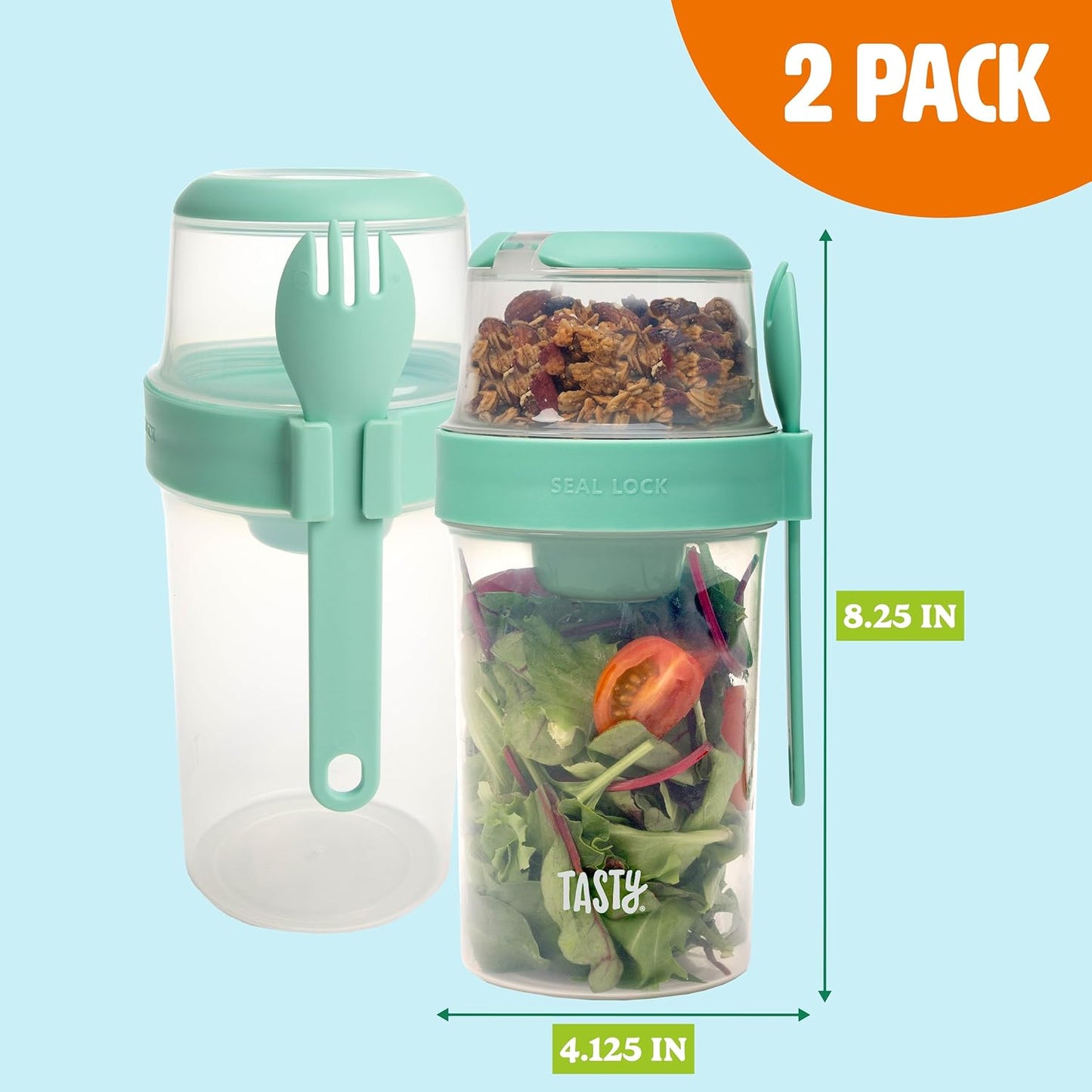 Salad Shakers with Sporks, Bring Salads and Snacks to Go, All-In-One Container, Convenient Carry Handle, Separate Compartments, 2-Pack Set, Aqua