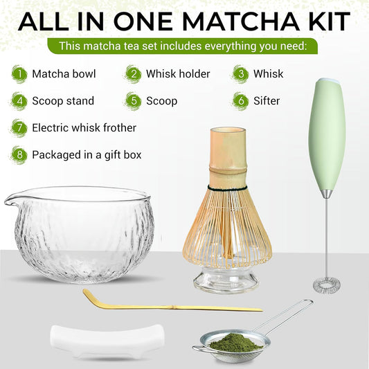 Matcha Whisk Set with Matcha Bowl - Matcha Set Included Electric Frother, Bamboo Whisk, Matcha Spoon, Bamboo Holder, Sifter, Spoon Stand (Clear Glass)