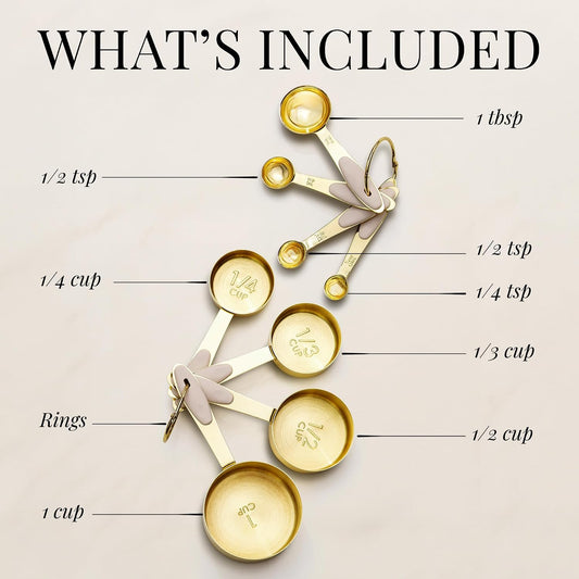 Gold Measuring Cups and Spoons Set, 8-Piece | Stainless Steel, 8-Piece Brass Measuring Set with Beige Silicone, Stackable, Gold Kitchen Accessories for Baking & Cooking
