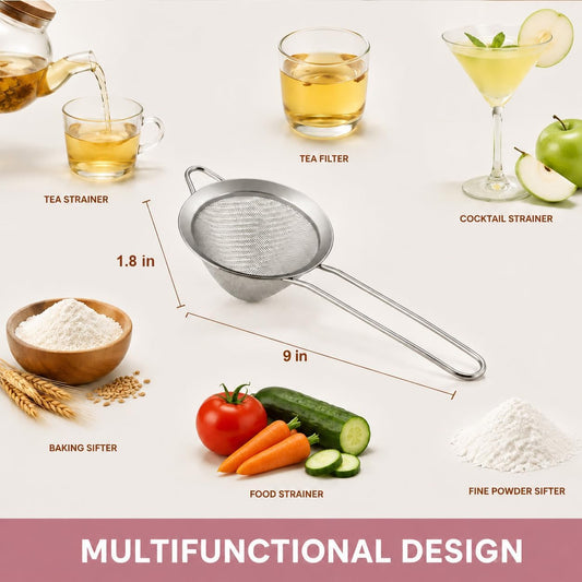 Fine Mesh Strainer Set of 2, 3.3 Inches Stainless Steel Tea Strainer with Long Handle, Small Conical Mesh Strainers Sieve for Cocktail Coffee Food, Rust Proof & Easy to Clean (Silver)