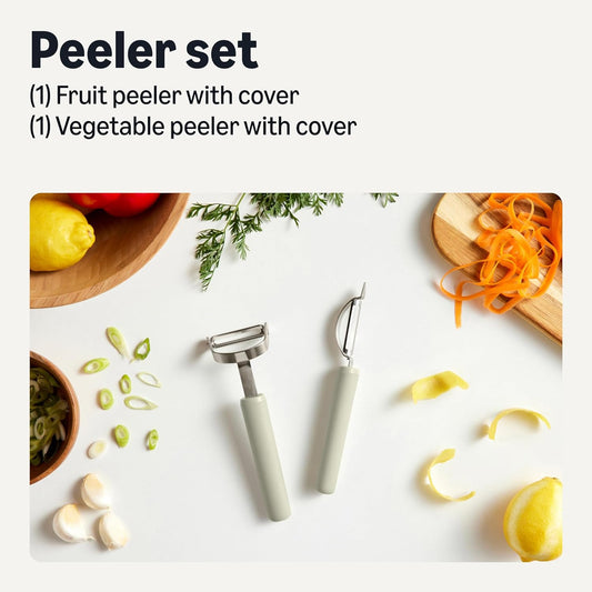 Vegetable Peelers with Ultra-Sharp Stainless Steel Swivel Blades, Non-Slip Soft-Touch Handle, Protective Covers, 2-Piece Set, Dishwasher-Safe, Linen Gray