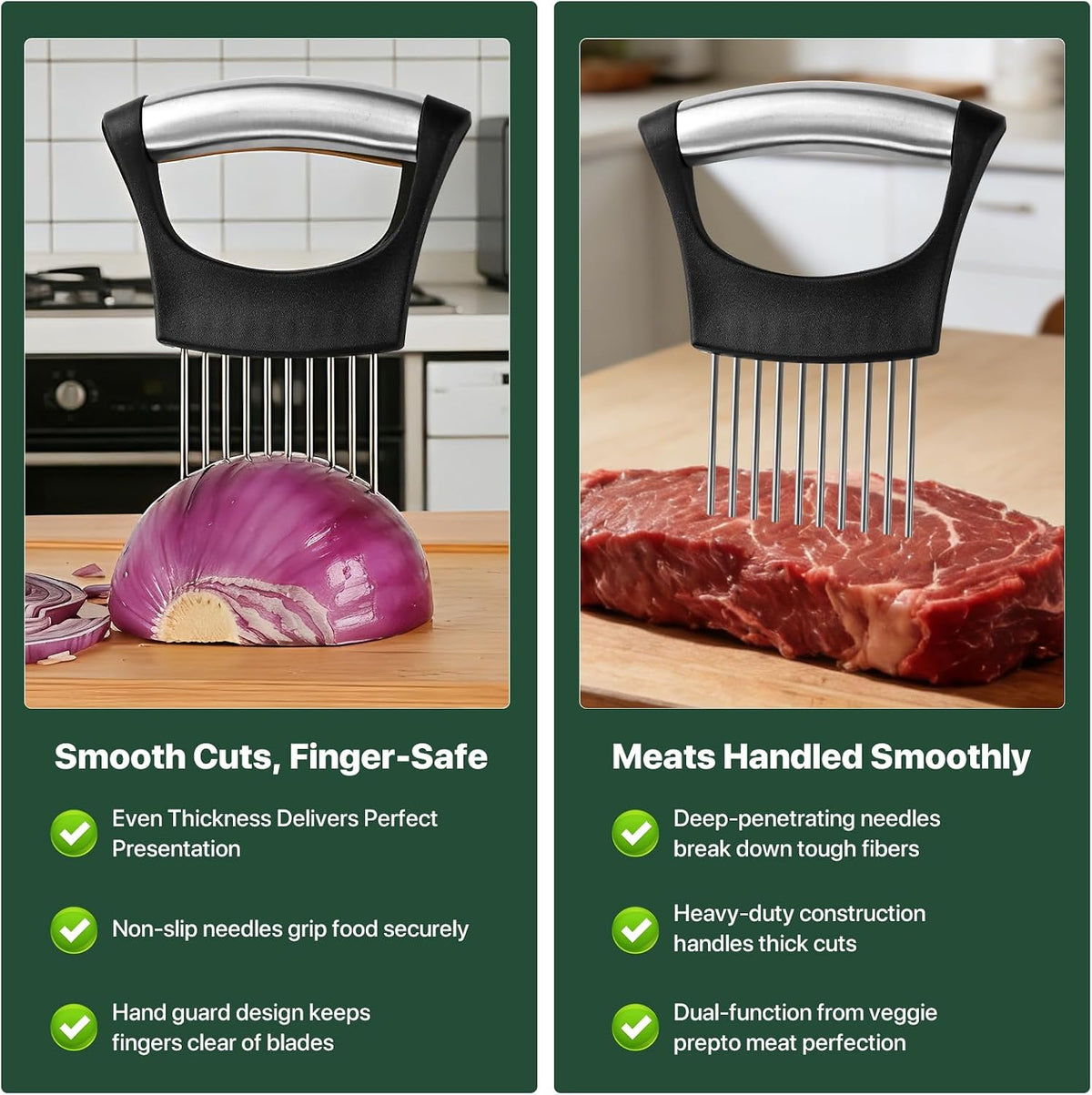 【2 PCS】Onion Slicer, Onion Holder for Slicing - Stainless Steel Vegetable & Fruit Cutter for Onions, Tomatoes, Potato, Avocado, Lemon, Eggs, Meat | Kitchen Chopper Gadget with Neat Guide & Tenderizer