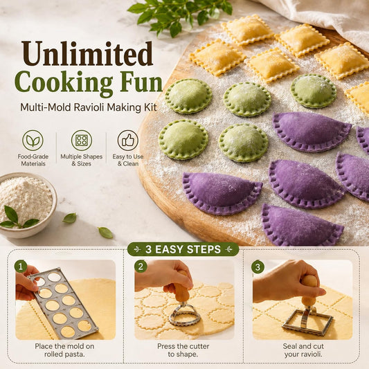 11 Pieces Ravioli Mold Set, Easy-to-Use Ravioli Maker Press with Ravioli Cutter Wheel, Pasta Cutter & Ravioli Making Kit, Wooden Pasta RollerPasta Making Tools for home,pasta lover