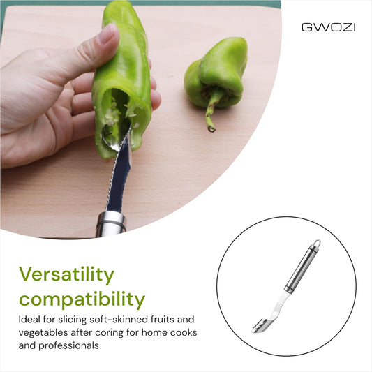 Jalapeno Pepper Corer Tool and Knife 2 in 1 - Stainless Steel Jalapeno Corer Tool with Handle - Pepper Corer and Deseeder for Seed - Pepper Seed Corer Remover Tool with Serrated Slice