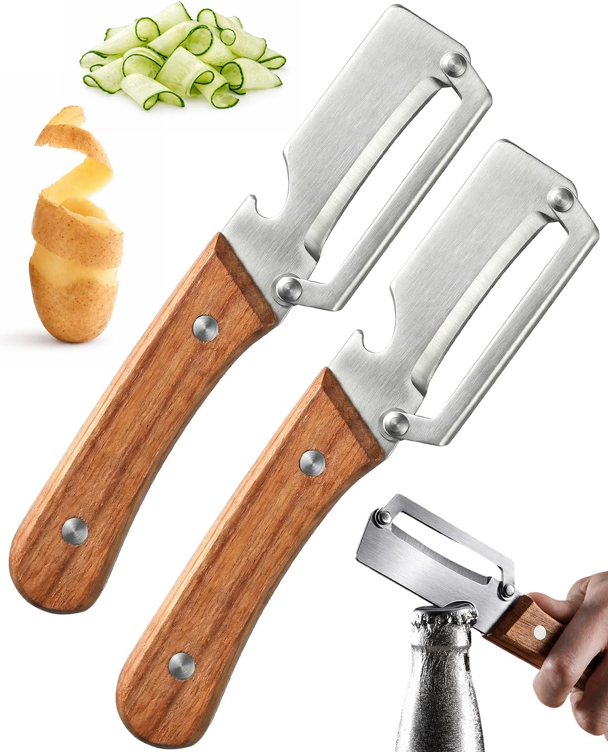 Multi Functional Vegetable Peeler with Bottle Opener & Wooden Handle, 1PCS | Premium Stainless Steel Kitchen Single Blade Food Peeler Tool for Potato Carrot Pumpkin Papaya Camping Accessories