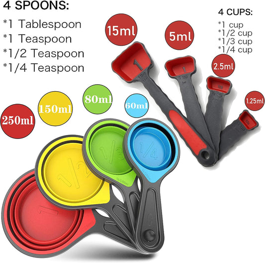 Collapsible Silicone Soft Measuring Cups and Measuring Spoons,8 pieces Portable Food Grade Silicone Measurement Cup for Liquid & Dry Measuring Baking &Utensils & Travel Measuring Cup,space saver