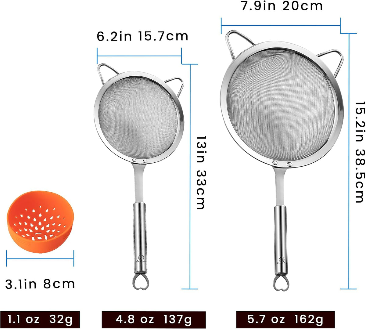 Stainless Steel Fine Mesh Strainer Combo, Spill-proof Design