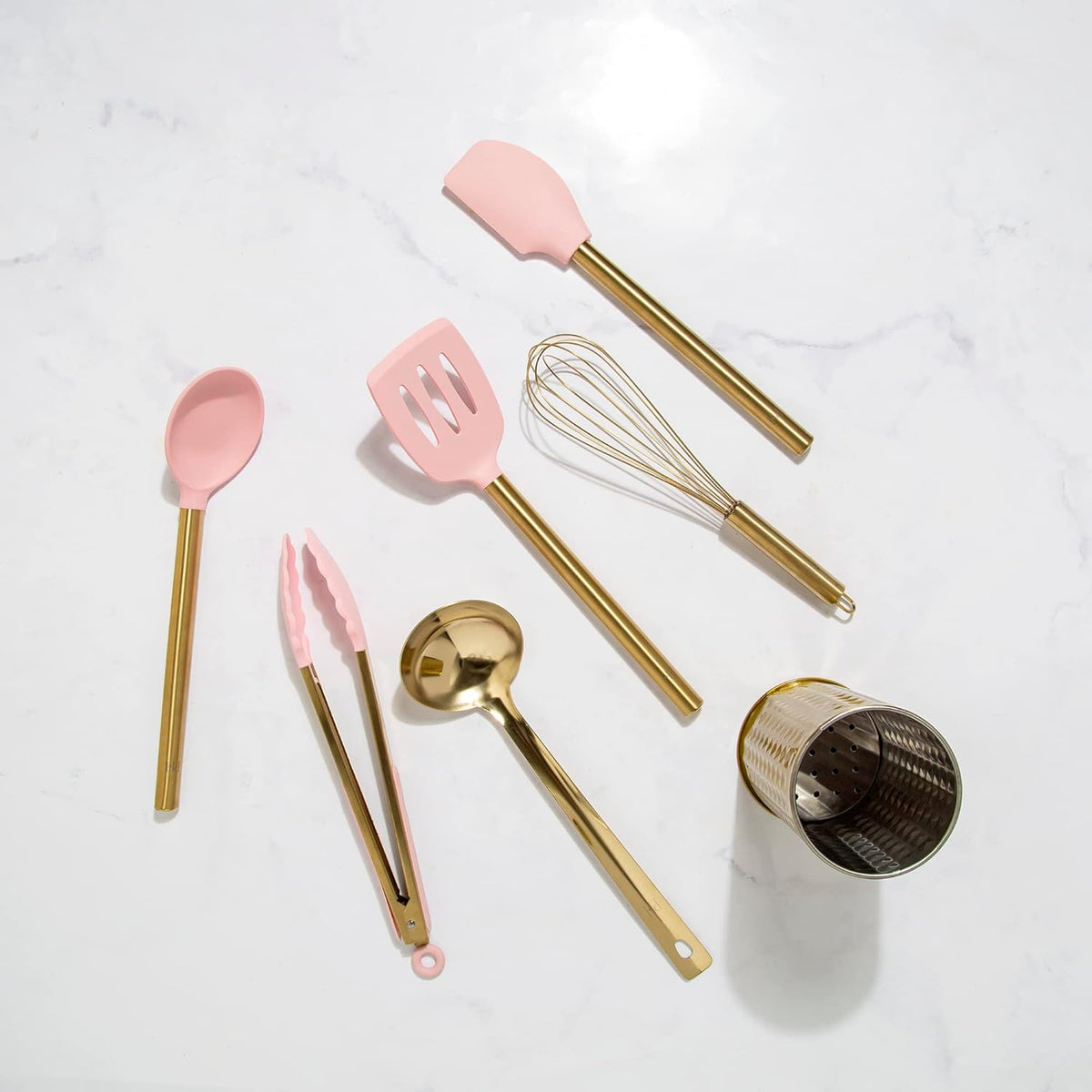 Paris Hilton Kitchen Set Tool Crock with Silicone Cooking Utensils, Stainless Steel Whisk and Ladle, 7-Piece, Pink and Gold