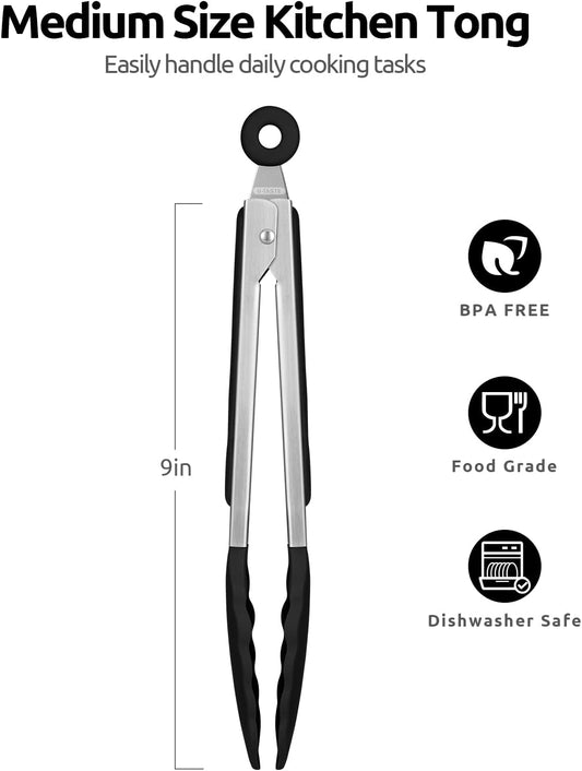 600ºF Heat Resistant Kitchen Tongs: 9 inch Silicone Cooking Tong with Firm Sealed Non Stick Rubber Tips & Silicon Coated 18/8 Stainless Steel Handle & Smooth Locking for Serving Salad (Black)