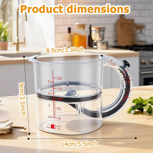 4-in-1 Adjustable Measuring Cup with Base, Multi Measurement for 1/4 to 1 Cup, ML/OZ, Scraper Base for No Waste, Dishwasher Safe