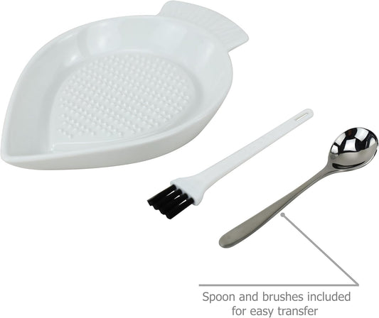 Ceramic Grater Plate Grinding Dish with Spoon and Brushes | For Grating Wasabi Ginger Garlic Cheese Carrot Fruits Vegetables, Working for Home Kitchen Cooking Preparation
