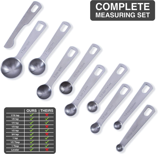 Stainless Steel Measuring Spoons - Set of 9 + Leveler | Heavy duty 18/8 stainless steel measuring spoon set with US & metric measurements for dry and liquid ingredients.