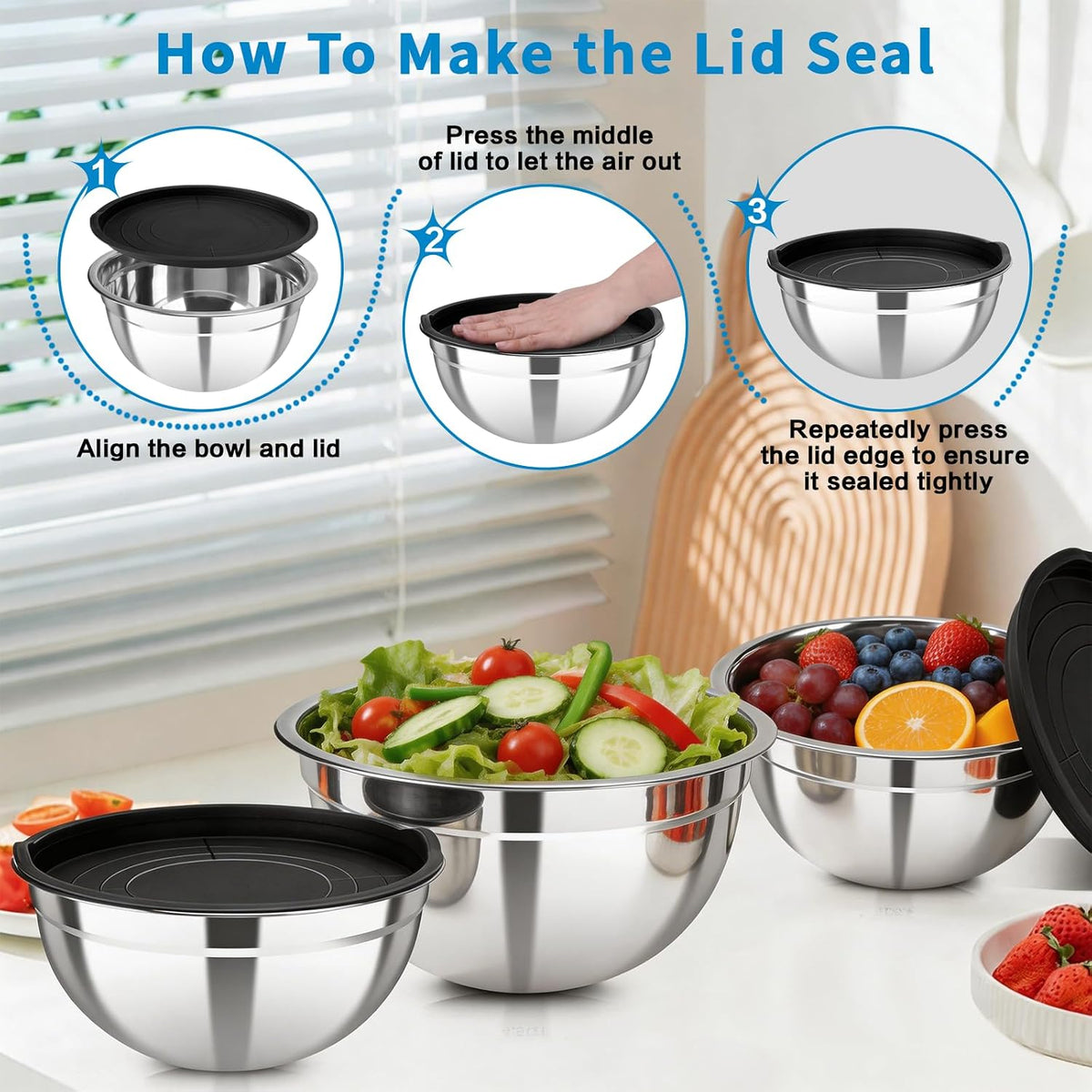 Stainless Steel Mixing Bowls with Color Lids, 7-Piece Set