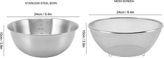 Stainless Steel Strainer Colander, Colander Large Metal Strainer for Kitchen, Colander Strainer Fine Mesh Strainer for Washing Vegetables, Fruit, Beans & Pasta(Basin+Mesh Sieve)