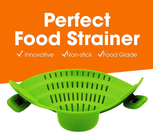 Silicone Clip on Pot Strainer, Heat-resistant Snap-On Strainer for Pasta, Noodles, Rice, Meats and Vegetables, Green