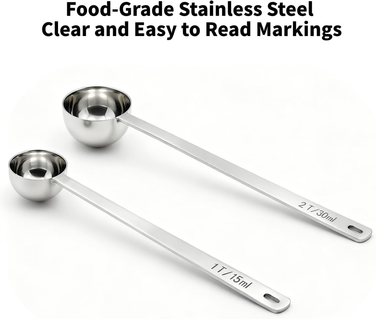 2PCS Coffee Scoop for Ground Coffee Stainless Steel Measuring Spoons Long Handle 30ml 6.4in and 15ml 5.7in Set for Deep Jars Beans Protein Powder Flour