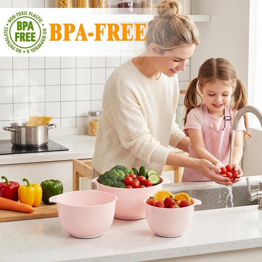 BoxedHome Mixing Bowls Set of 4, BPA Free Plastic,Microwave Safe, Pink | 4.5/3.5/2.5/1.7 quarts, Non-slip Base Large Nesting Bowl with Pour Spout, Dishwasher Safe, for Prep, Cooking,Baking