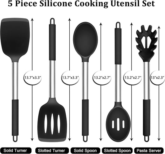 Cooking Utensils Set, 5 PCS Silicone Kitchen Utensils, Black | Stainless Steel Handle, for Nonstick Cookware Flipping Frying Turning Draining, Heatproof & Healthy, Nonstick & Easy Clean