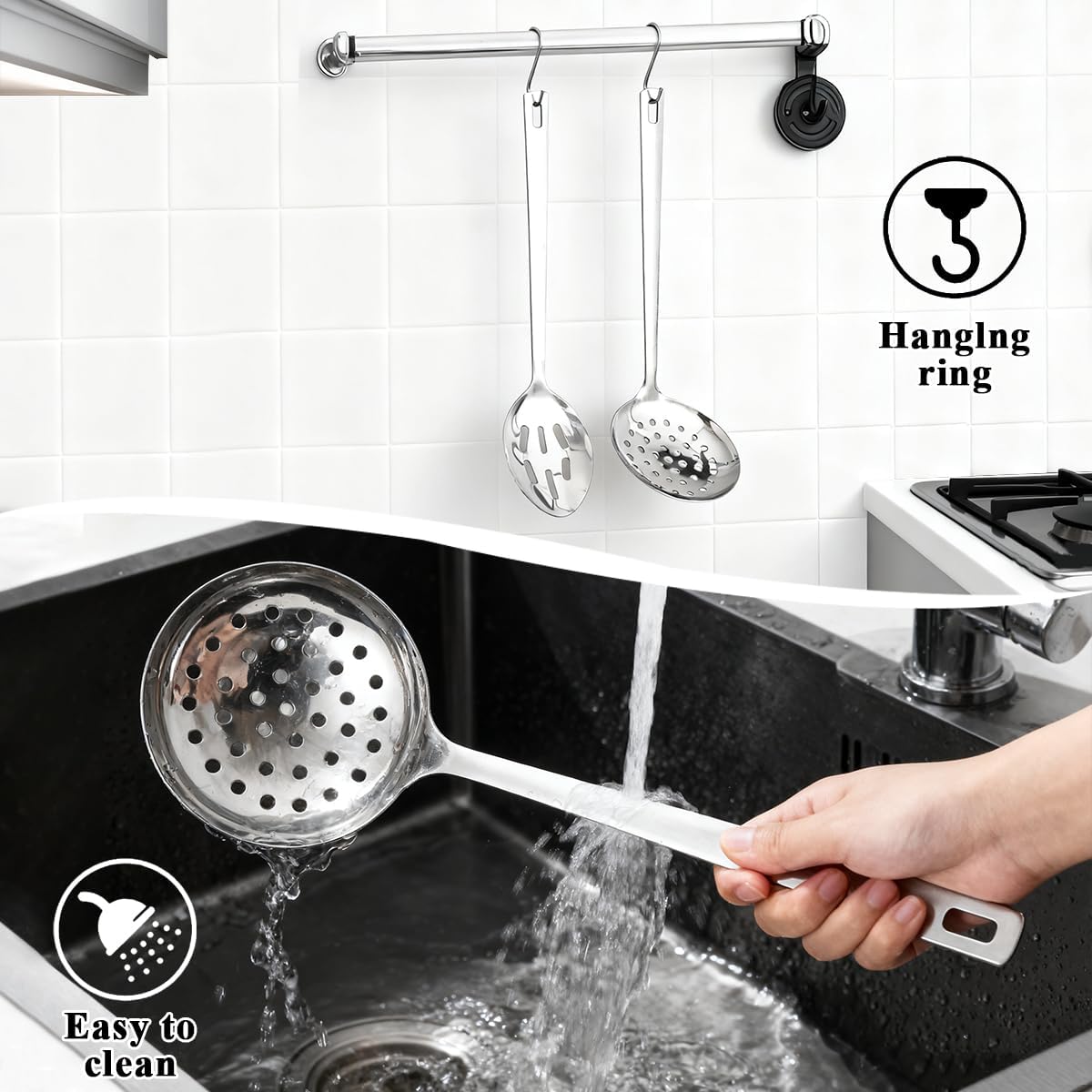 Slotted Spoons for Straining 2 pcs 13", Stainless Steel Kitchen Spider Strainer Skimmer Ladle for Straining Pasta/Cooking/Frying, Metal Kitchen Utensils Pasta Spoon
