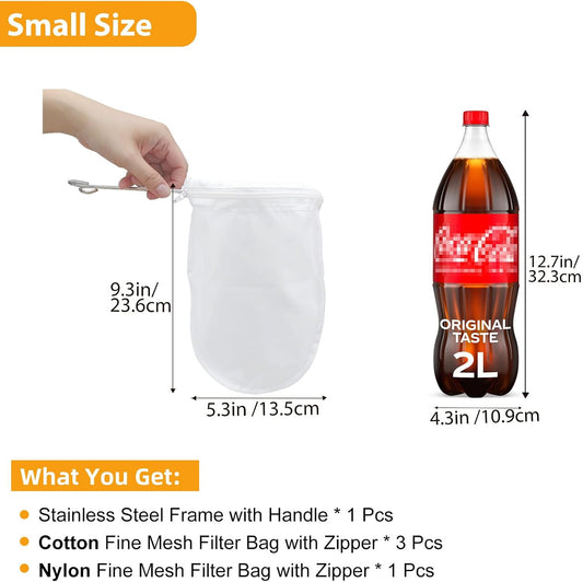 5 Pcs Premium Ultra Fine Mesh Strainer Bags with Stainless Steel Handle, Reusable Nut Milk Bags, Cheese Cloths for Straining Juice, NutMilk, Coffee, Thai Tea, Yogurt and Soup (Small)