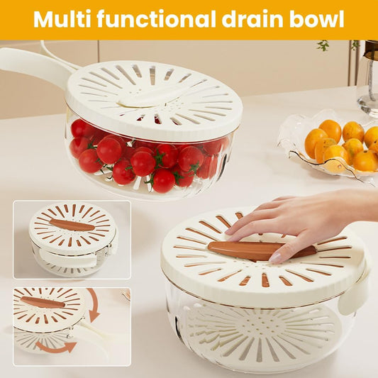 Multifunctional Fruit and Vegetable Washing Bowl, 2025 Upgraded Fruit Drainer Container with Handle and Cover, 2 in 1 Drainer, Bilayer Collapsible Fruit Washing Basket (Brown)