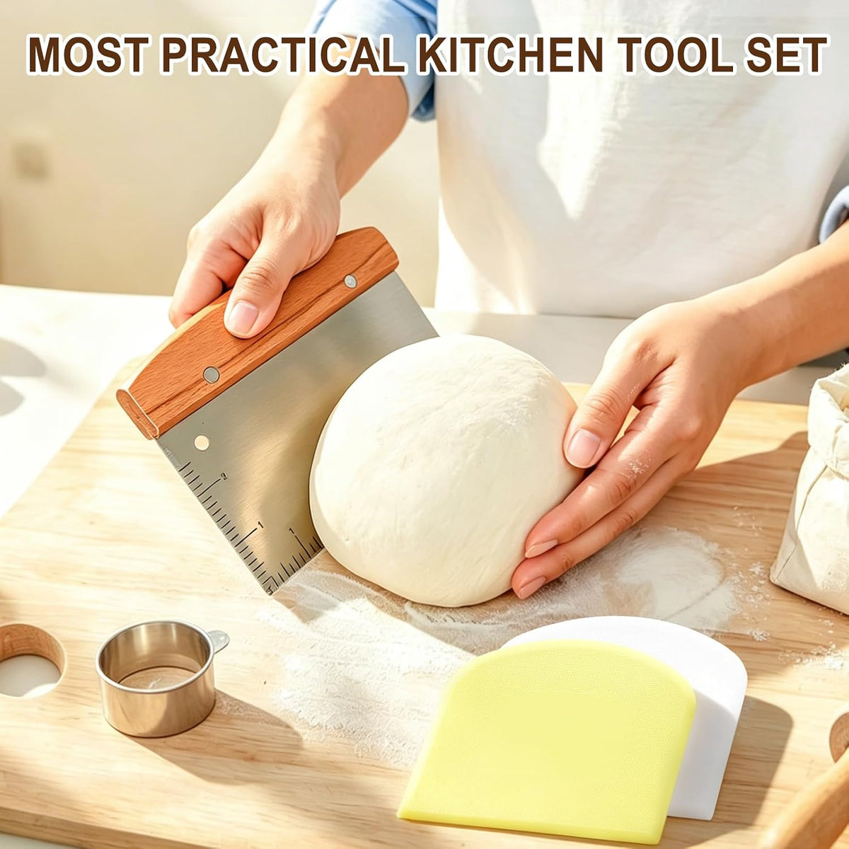 Versatile Bench Scraper with Wood Handle, Premium Stainless Steel Dough Scraper Cutter with 2 PCS Flexible Bowl Scraper for Pastry Bread Pizza, Kitchen Scraper Tool for Flat Top Griddle