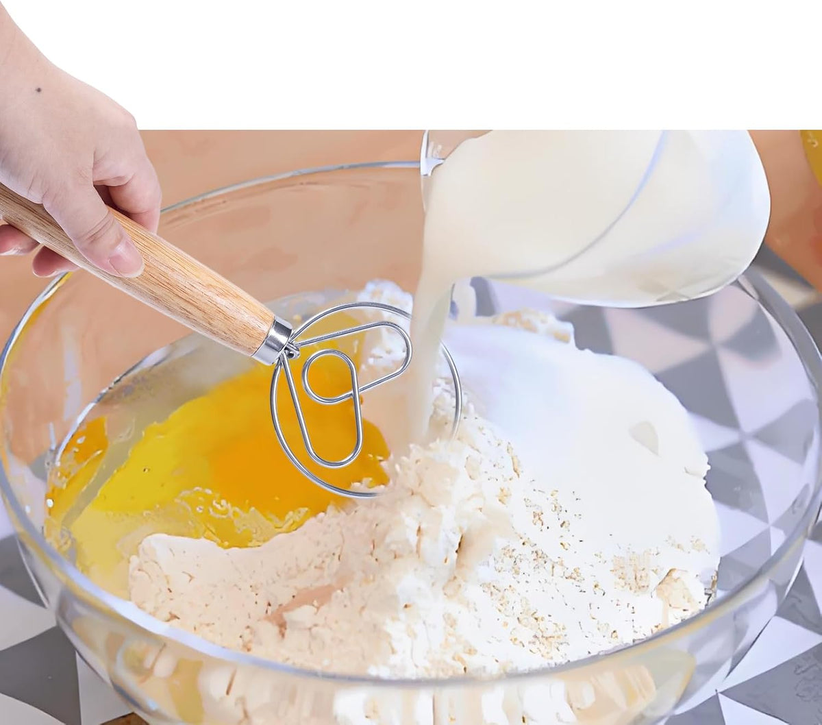 2 PCS Danish Dough Whisk, Stainless Steel Hook Dutch Hand Whisk for Sourdough Bread, Wooden Handle Dough Mixer, Baking Supplies for Cake Pizza Pastry Biscuits(Heart)