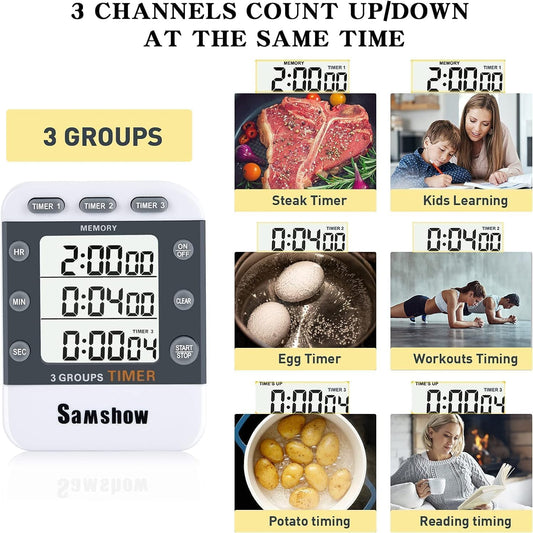 Samshow Digital Kitchen Timer, 3 Channels | Count UP/Down, Large Display, Adjustable Volume Alarm, Magnetic Back, Stand, Battery Included