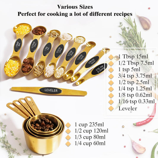 13pcs Gold Stainless Steel Measuring Cups and Spoons Set, 8 Double-Sided Magnetic Measuring Spoons Set & 4 Metal Measuring Cups & 1 Leveler for Kitchen Dry & Liquid Cooking Baking