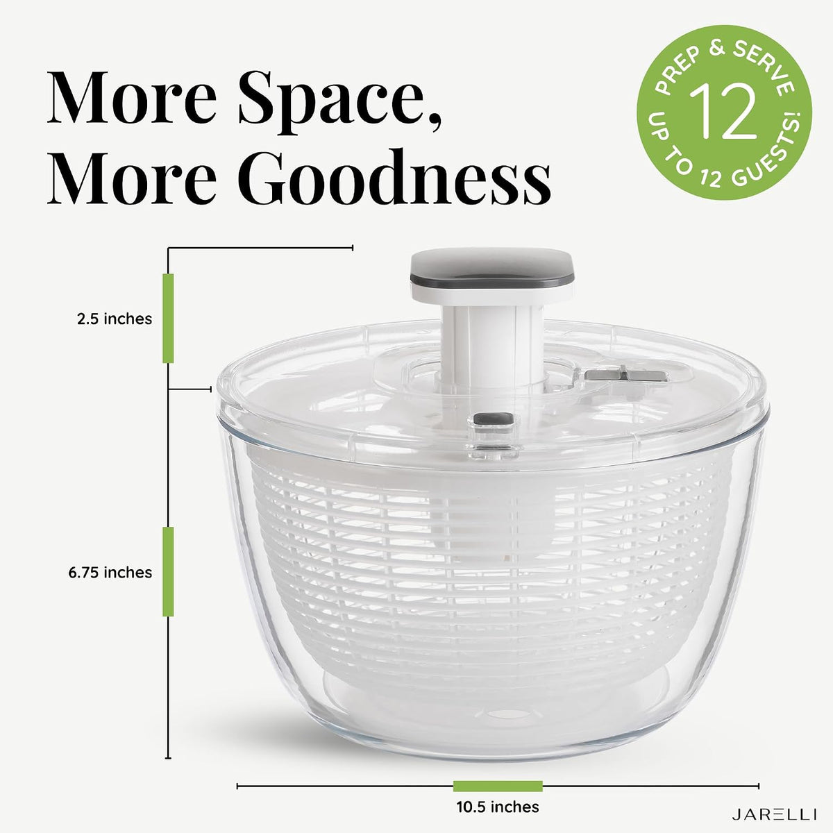 Glass Salad Spinner with Storage Lid, 6 Quart Borosilicate Glass Bowl, Push Button Drying Lid, BPA-Free Draining Basket Doubles as Serving Bowl & Colander, Lettuce, Vegetable, & Fruit Washer