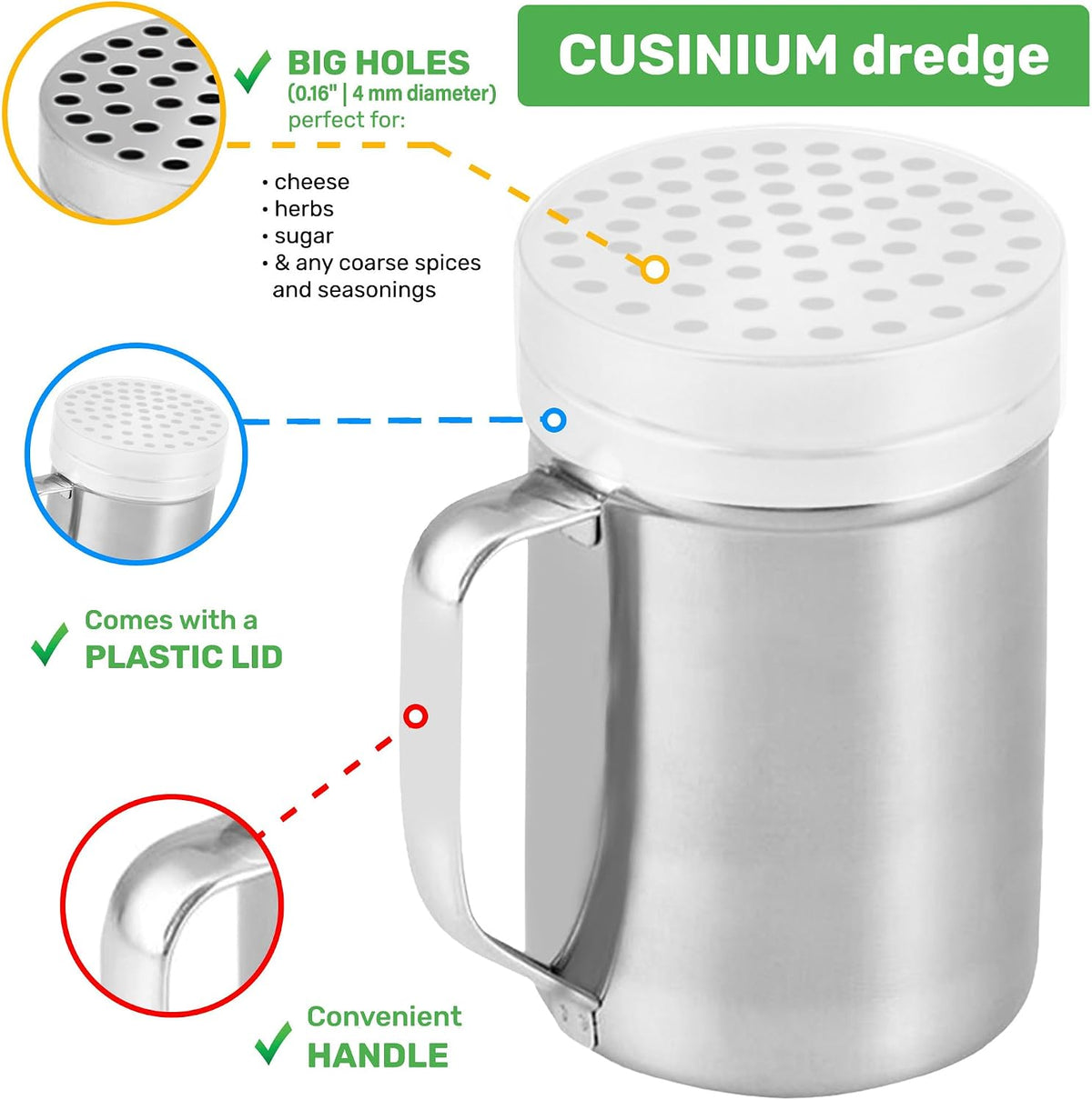CUSINIUM 10oz Metal Parmesan Cheese Shakers with Large Holes - With Handle - Chili Flakes Dispensers - Pizza Shakers - Pack of 2 | Style: Coarse