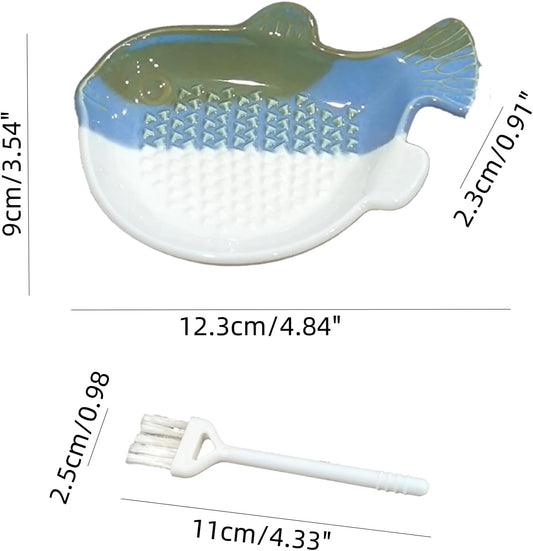 1PCS Ceramic Fish Ginger Grater with Brush 4.8 Inch | Ceramic Grater with Fish-shape, Dishwasher Safe. Includes Cleaning Brush, For Wasabi, Carrot, Cucumber, Kitchen Gadget