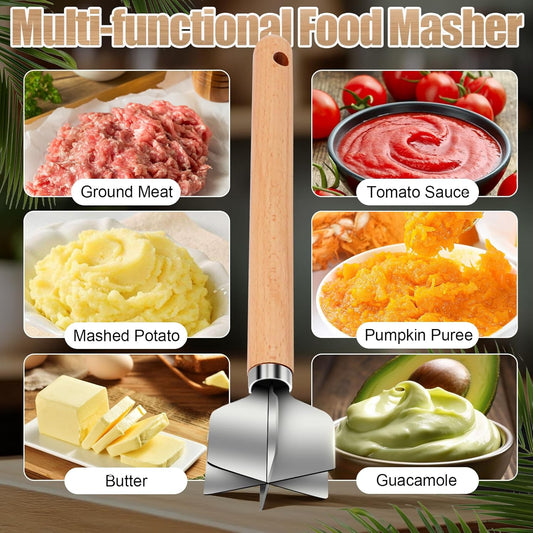 304 Stainless Steel Meat Chopper, 6-Blade Heavy Duty Ground Beef Meat Masher, 11 Inch Food Grade Hamburger Smasher Metal Kitchen Tool for Vegetable Puree Cooking