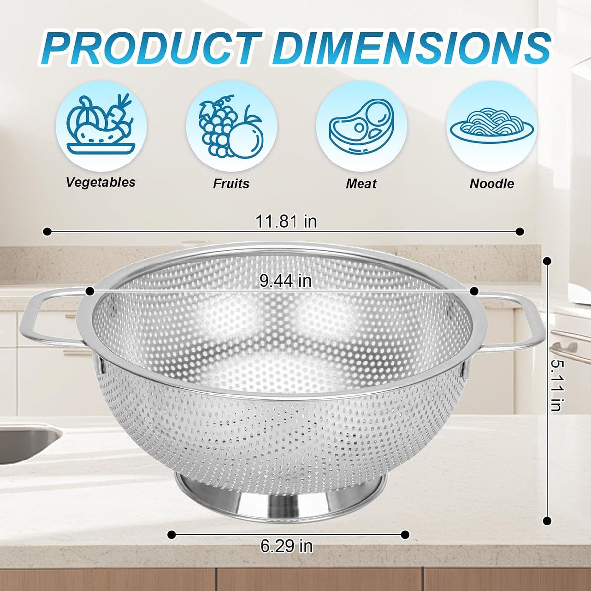 304 Stainless Steel Colander, Micro-Perforated 3-Quart Strainer with Base, Dishwasher Safe. Great for Pasta, Noodles, Vegetables & Fruits