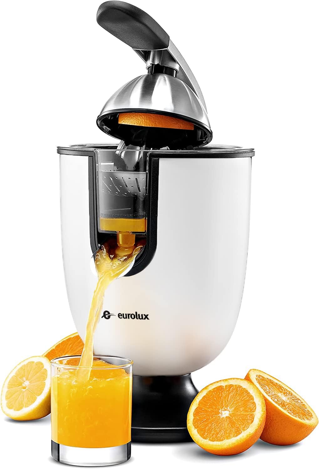 Premium Electric Orange Juicer | Stainless Steel Citrus Squeezer With New Ultra-Powerful Motor and Soft Grip Handle for Effortless Juicing, Auto Shutoff, Dishwasher-safe Parts, Pulp Control