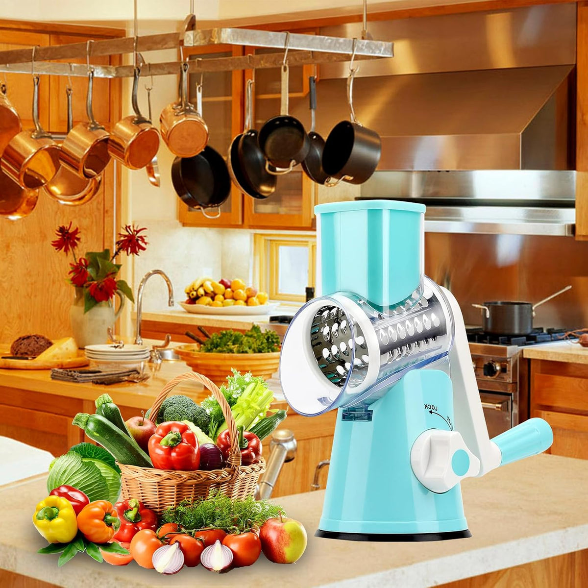 Cheese Grater Hand Crank With High-suction Base, Multifunctional Hand Cheese Grater with Handle, Rotary Cheese Shredder Vegetable Slicer Nuts Grinder, Blue