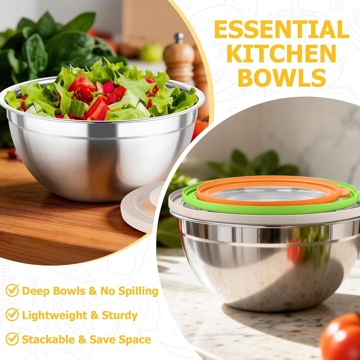 Mixing Bowls with Lids, 4.5/3/1.5 QT Stainless Steel Nesting Bowls