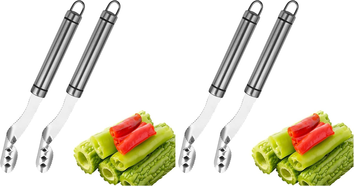 Jalapeno Pepper Corer, 2 in 1 Chili Corer Tool - Stainless Steel Pepper Seed Remover with Serrated Slice & Handle, for Slicing Off Vegetable Tops or Removing Pepper Cores