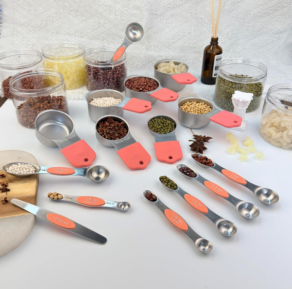 Stainless steel 304 measuring cup and spoon magnetic silicone handle, girl pink, 15-piece set, measuring tools, 7 stainless steel measuring cups, 8 double-sided measuring spoons with scales
