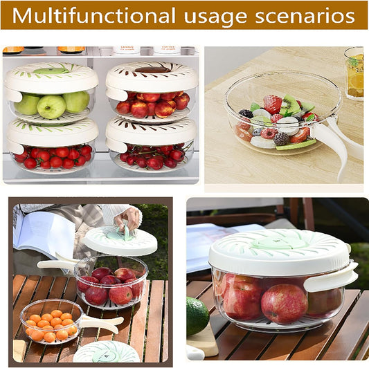 2Pcs Upgrade Fruit Washing Bowl with Strainer,3 in 1 Multipurpose Drain Basket with Lid & Ice Box,Foldable Handle Fruit Strainer,Fruit Washer Perfect for Fridge Storage and Outdoor Picnics(2.85QT+1QT)