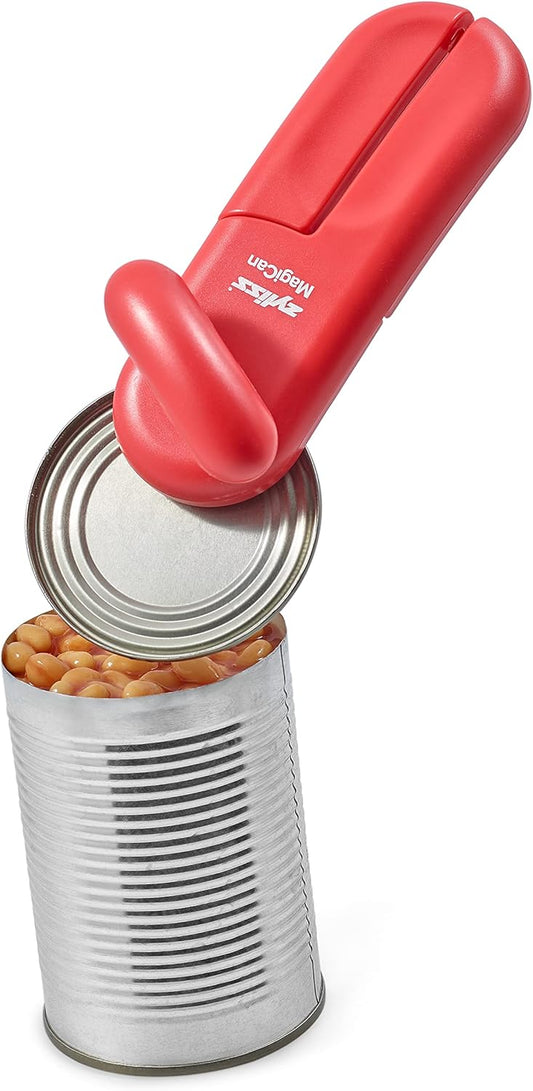 MagiCan Manual Can Opener with Lid Release - Heavy Duty Can Opener Kitchen Gadgets - Home Manual Tin Open - Easy to Use Hand Held - Effortlessly Open Cans - Compact Design - Red
