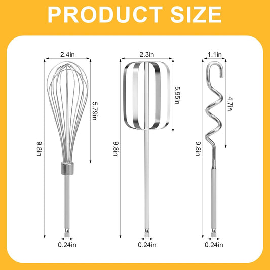 homicozy 3-Piece Stainless Steel Hand Mixer Attachment Set - Whisk, Dough Hook, Egg Beater for Drills - Dishwasher Safe, 9.8 Inch (Drill Not Included) (9.8inch)
