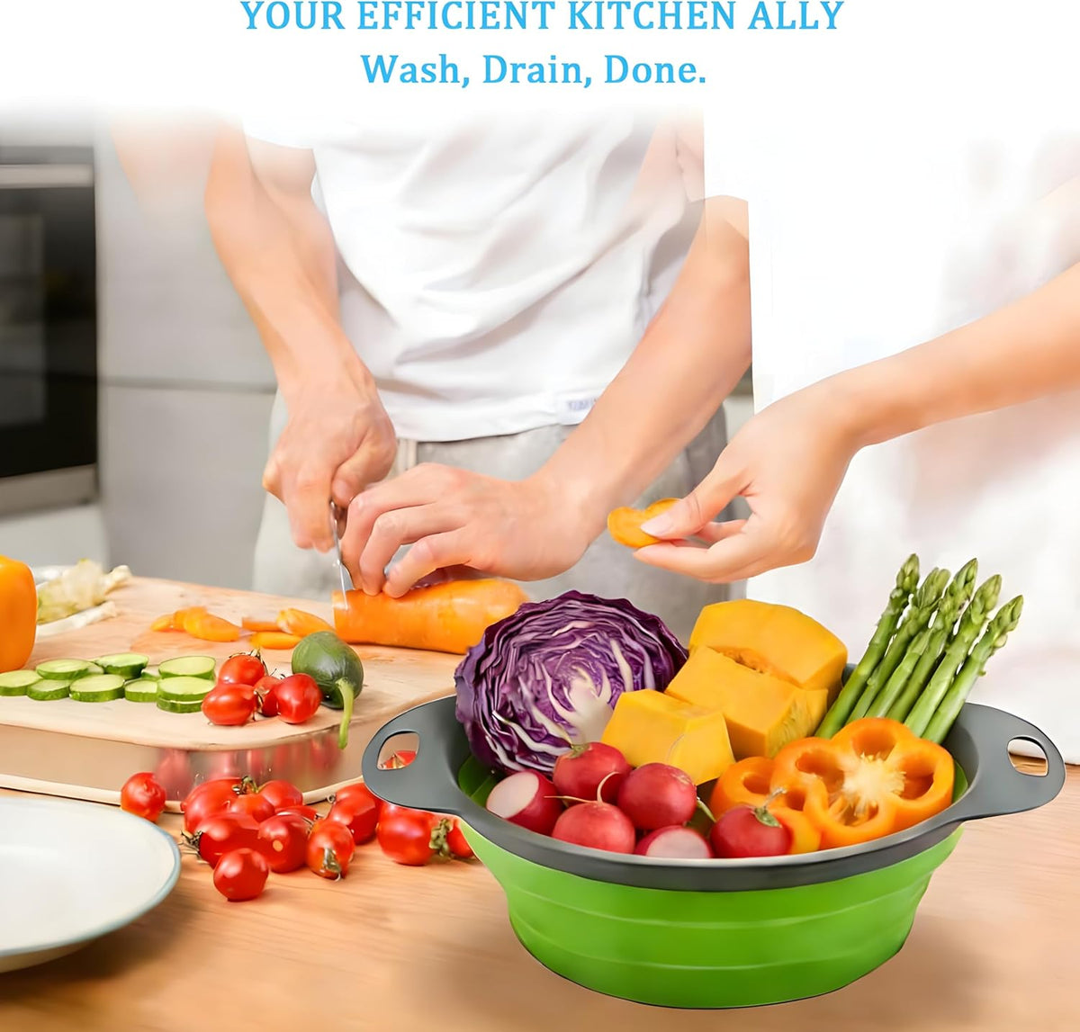Collapsible Colander Set, Foldable Kitchen Strainer for Pasta, Vegetables & Fruit, Complete Kitchen Set with 2 Stainless Steel Hooks & 2 Silicone Funnels – Blue